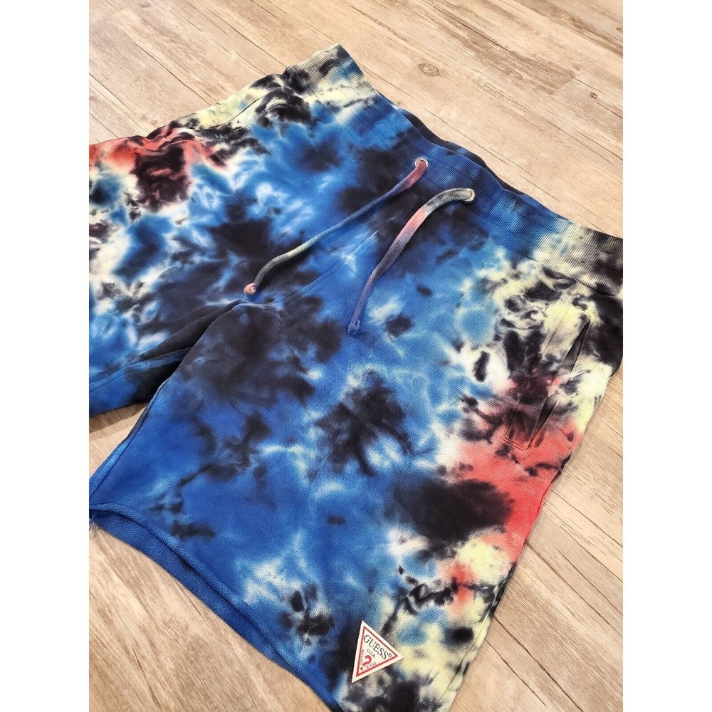 GUESS Tie Dye French Terry Cloth Sweat Shorts 7" Inseam Frayed Hem Sz L - Picture 2 of 16